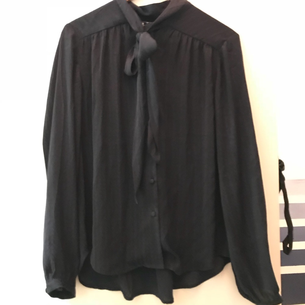 Mikarose Chiffon Chevron Navy Blouse with Bow